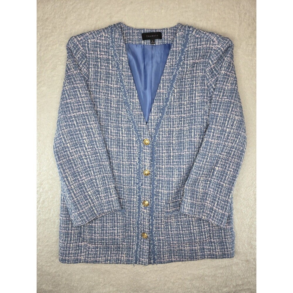 Talbots Blue Pink White Geometric Tweed Blazer Jacket Fringe Pockets Size 8